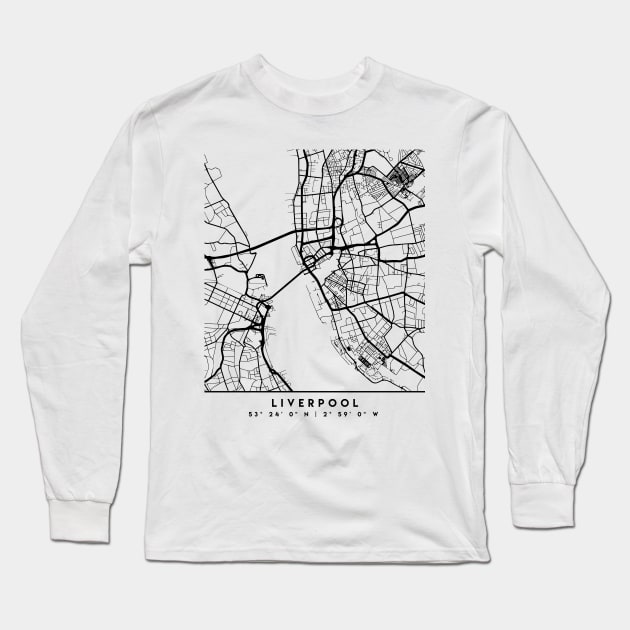 LIVERPOOL ENGLAND BLACK CITY STREET MAP ART Long Sleeve T-Shirt by deificusArt